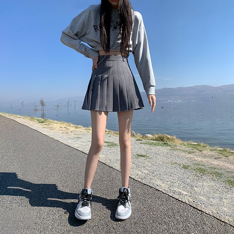 百褶裙女夏高腰a字显瘦甜美学院风西装面料显高短裙灰色半身裙裤