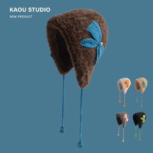 日系可爱手工钩针蝴蝶结保暖护耳帽女加厚毛绒针织雷锋帽秋冬冷帽