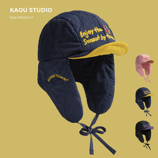 韩系时尚飞行员帽子女冬季户外保暖护耳滑雪帽男生潮牌刺绣雷锋帽