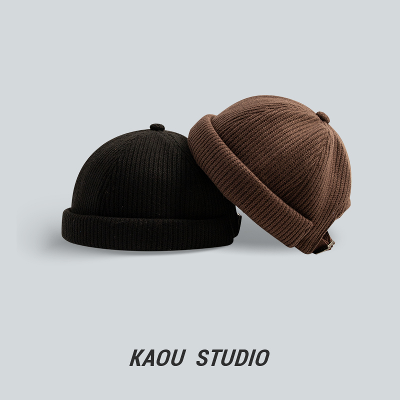 日系黑色休闲百搭潮男地主帽冬季毛线小圆帽无檐针织瓜皮帽冷帽女