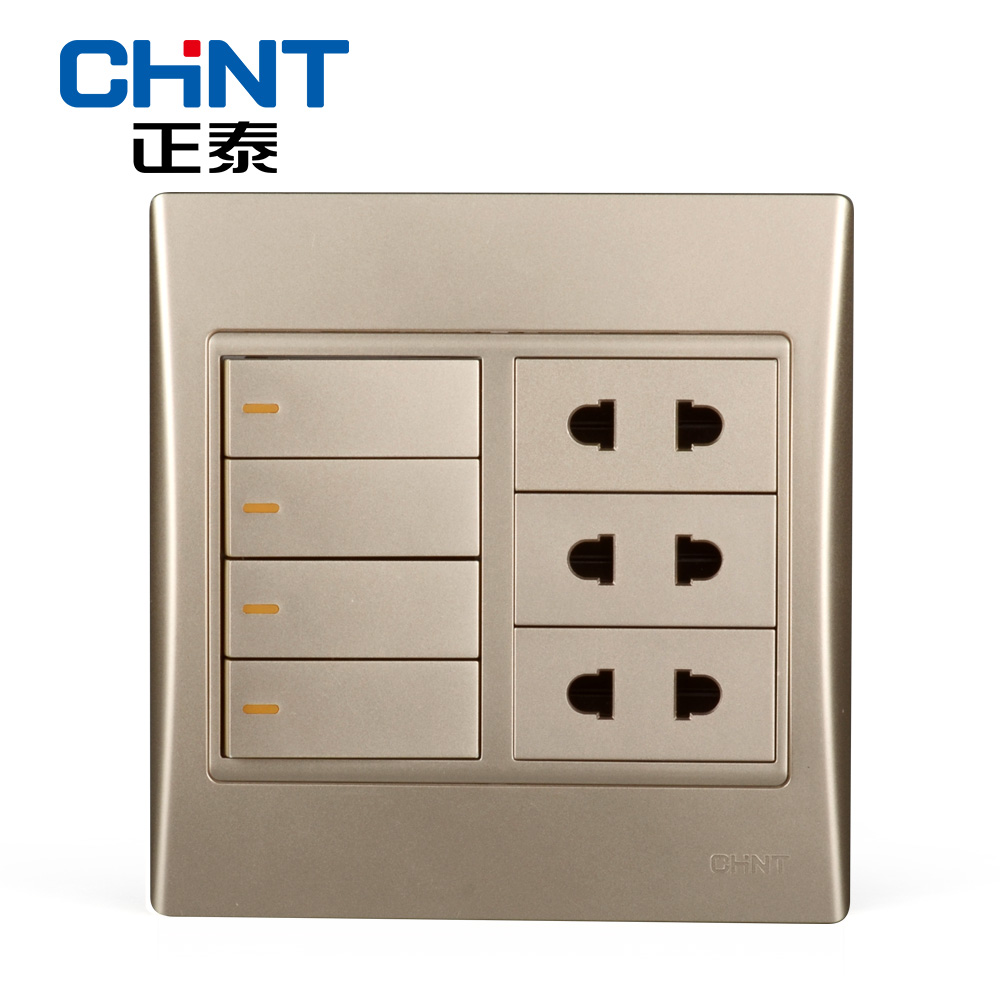 正泰开关插座new9l香槟金120型开关插座四开双控六孔插座四位开关