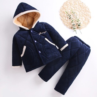 儿童睡衣冬季加厚款可外穿法兰绒三层夹棉女童棉衣加绒保暖家居服