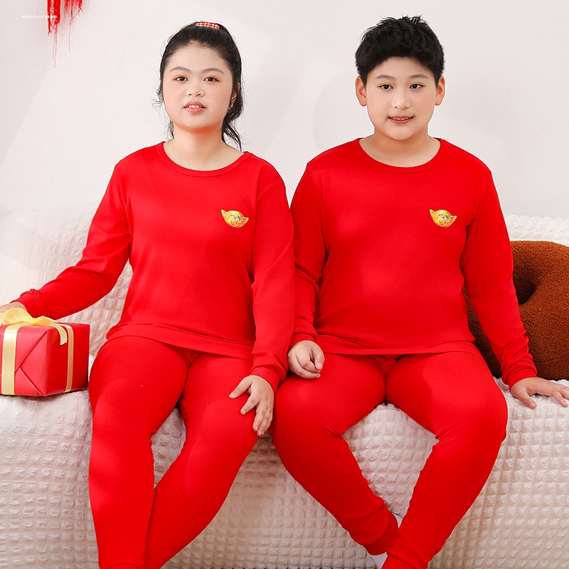 本命年胖男大童红色秋衣秋裤纯棉加肥12岁青少年女童保暖内衣套装