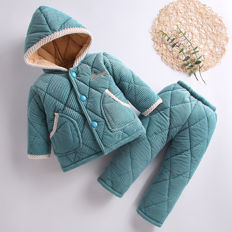 冬季儿童法兰绒睡衣三层夹棉加厚套装女男孩冬天中大童睡袍家居服