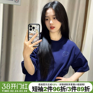 可爱风减龄宽松显白藏蓝色短袖t恤女宽松韩版百搭纯棉半袖上衣夏