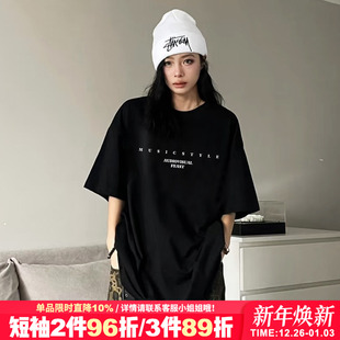 hiphop嘻哈风设计感字母印花黑色短袖 宽松显瘦正肩上衣 女t恤大版
