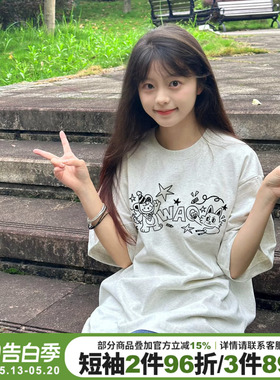 chic小众学院风花灰色短袖女宽松百搭纯棉卡通印花减龄正肩上衣夏