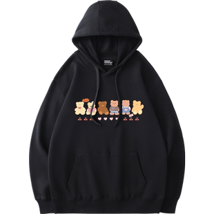 韩系chic学院风黑色连帽卫衣女ulzzang小熊印花超好看百搭上衣薄