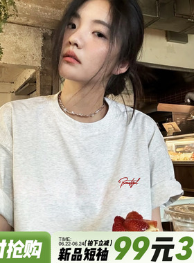 美式高级感简约风宽松休闲花灰色短袖女2026夏季新款百搭纯棉上衣