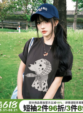 美式复古学院风斑点狗印花深灰色短袖女t恤宽松休闲重磅半袖上衣