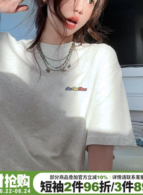 韩系慵懒风花灰色短袖t恤女宽松显瘦字母印花小众设计感纯棉上衣
