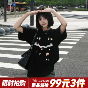 小众设计感潮牌重磅上衣夏 街头甜酷风宽松显瘦黑色正肩t恤女短袖