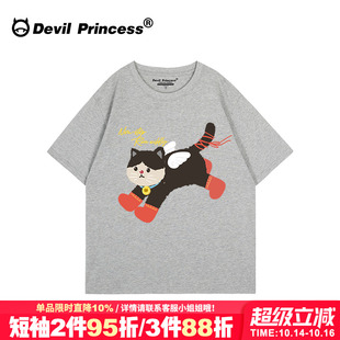 超火街头复古风卡通印花灰色短袖 无性别穿搭上衣夏 t恤女宽松大版