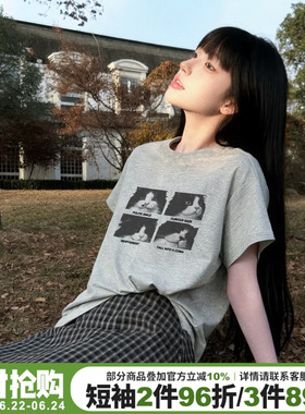 韩系复古通勤风百搭灰色短袖t恤女夏季宽松休闲显瘦纯棉正肩上衣
