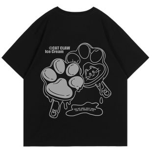 chic韩系学院风卡通超火黑色t恤女宽松大版纯棉正肩半袖上衣夏季