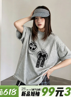 甜酷慵懒风设计感正肩灰色短袖t恤女夏季新款宽松百搭休闲上衣潮