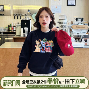 2026新款 可爱风卡通小狗印花藏蓝色卫衣女宽松显瘦减龄上衣潮 薄款