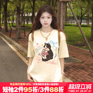 chic甜美风可爱猫咪印花杏色短袖 上衣 t恤女夏季 宽松显瘦百搭半袖