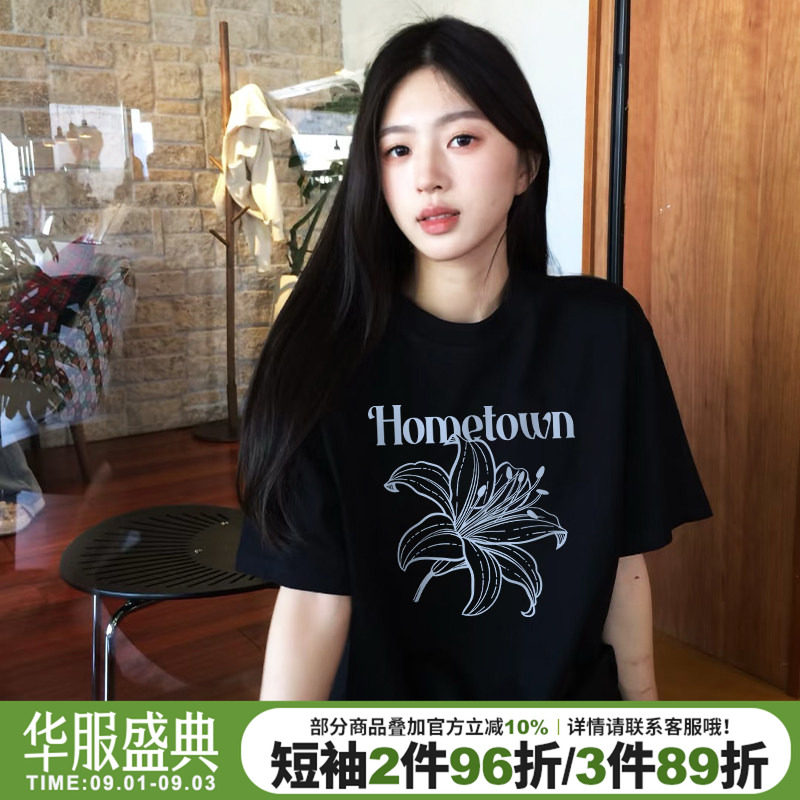 韩系通勤风宽松显瘦黑色短袖女潮图片