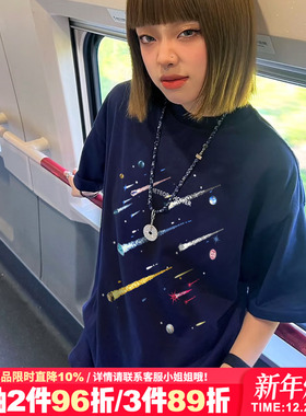 街头风小众潮牌藏蓝色短袖t恤女宽松显瘦超显白美式重磅半袖上衣