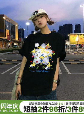 oversize宽松显瘦黑色短袖t恤女美式街头风设计感潮牌重磅上衣夏
