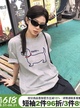 chic小众韩系慵懒风腊肠狗印花灰色短袖t恤女宽松百搭纯棉上衣夏