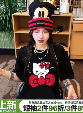 超好看韩系甜酷风卡通印花黑色短袖t恤女夏季宽松显瘦正肩上衣潮