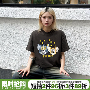 美式复古卡通印花深灰色短袖t恤女夏季新款宽松百搭重磅纯棉上衣