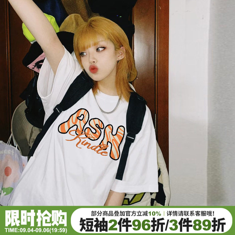 设计感超火美式学院风字母印花白色短袖t恤女宽松休闲重磅上衣夏