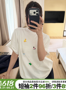 韩系简约风纯棉白色正肩t恤女短袖可爱减龄卡通印花宽松休闲上衣