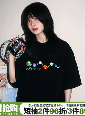 设计感卡通潮牌黑色短袖t恤女2026蛇年限定款bf宽松大版正肩上衣