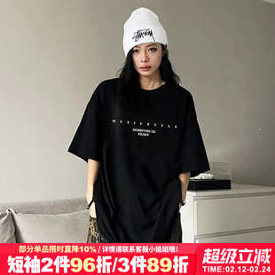 hiphop嘻哈风设计感字母印花黑色短袖女t恤大版宽松显瘦正肩上衣