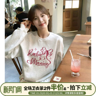 chic韩系温柔风花灰色卫衣女2026新款 套头上衣 宽松通勤秋冬加绒款