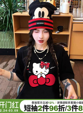 韩系甜酷风Kitty猫卡通印花黑色短袖t恤女夏季宽松显瘦正肩上衣潮