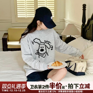 宽松慵懒风秋冬加绒加厚上衣 初秋薄款 美式 灰色圆领卫衣女2025新款