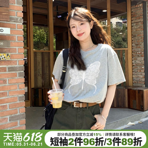 韩系慵懒风宽松休闲灰色短袖女夏