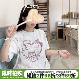 chic甜美慵懒风宽松纯棉花灰色短袖t恤女超好看百搭纯棉半袖上衣