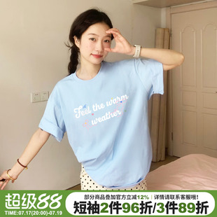 奶呼呼天蓝色短袖t恤女chic甜美风减龄字母印花宽松休闲正肩上衣