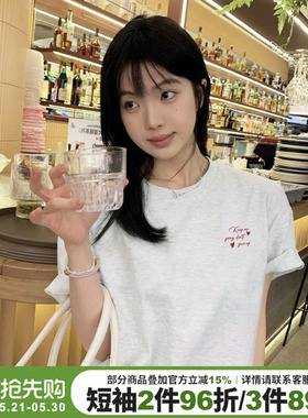 高级感韩系简约风花灰色短袖t恤女宽松显瘦百搭字母印花半袖上衣