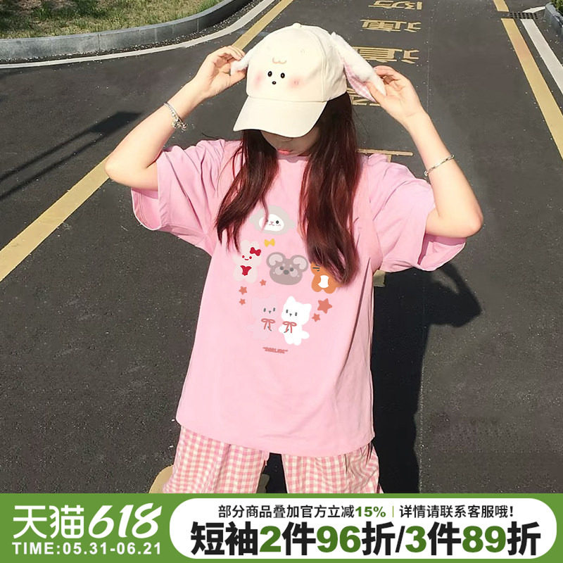 可甜可盐韩系减龄粉色短袖t恤女chic学院风卡通印花纯棉半袖上衣