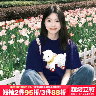 ulzzang可爱风减龄藏蓝色短袖t恤女超显白宽松韩版正肩半袖上衣夏