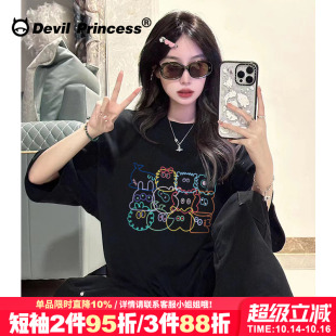 学院风半袖 新款 上衣 宽松正肩夏季 小众卡通超火ins风黑色t恤女短袖