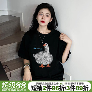 ulzzang小众涂鸦风黑色正肩t恤女短袖宽松减龄纯棉重磅半袖上衣夏