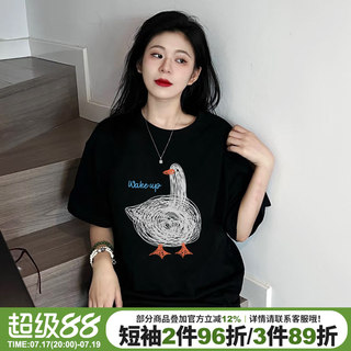 ulzzang小众涂鸦风黑色正肩t恤女短袖宽松减龄纯棉重磅半袖上衣夏