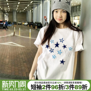 ins风百搭纯棉正肩上衣夏 t恤女2026新款 美式 复古星星印花白色短袖