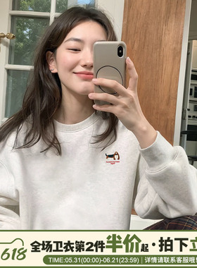 韩系慵懒风宽松休闲花灰色卫衣女小众设计感卡通狗狗印花套头上衣