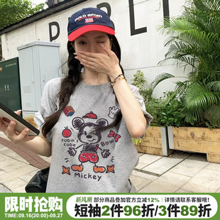 2026夏季新款灰色短袖t恤女韩版减龄卡通米奇印花宽松休闲上衣潮