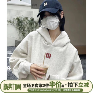 美式 加绒上衣 慵懒风设计感韩系宽松花灰色连帽卫衣女2026秋冬新款