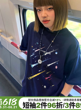 街头风小众潮牌藏蓝色短袖t恤女宽松显瘦超显白美式重磅半袖上衣