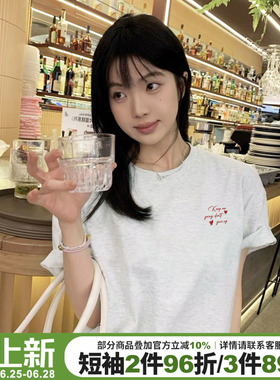 高级感韩系简约风花灰色短袖t恤女宽松显瘦百搭字母印花半袖上衣